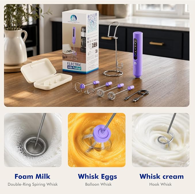 Rechargeable Milk Frother with Stand, 4 Interchangeable Whisks & Travel Case – Handheld Mixer for Lattes, Matcha, Hot Chocolate, Eggs & Protein Shakes