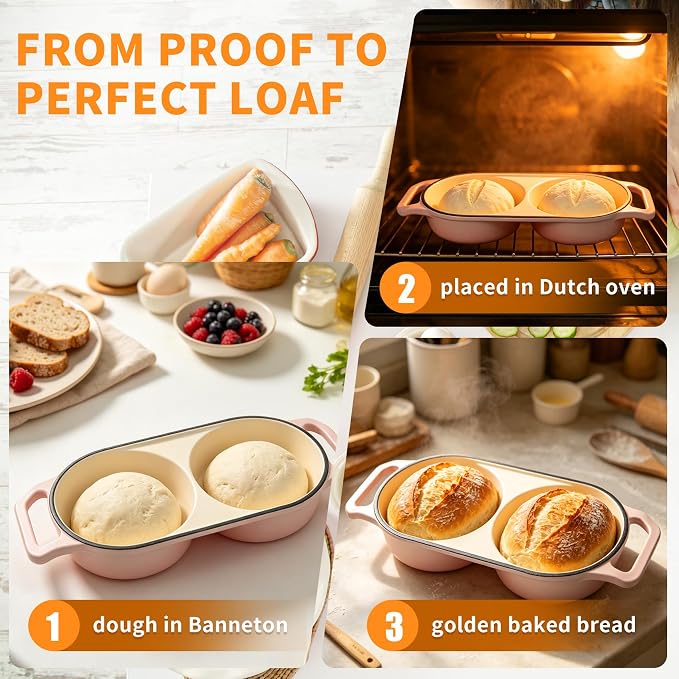 Double Enameled Cast Iron Dutch Oven for Sourdough Bread Baking – 2-in-1 Bread Baker with Lid, Dual Mini Loaf Pan, 500°F Oven Safe, Even Heating for Artisan Bread, Nonstick Enamel