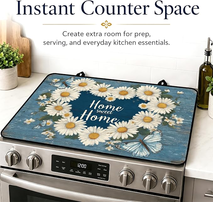 Stove Top Covers with A Non-slip Rubber Coating—protect Your Stove from Scratches, Extend Countertop Space, and Add A Classic Kitchen Touch. (Daisy wreath, 28"L x 20"W)