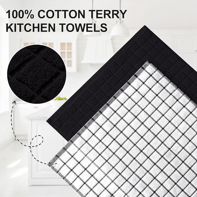 Homaxy Large Premium Cotton Kitchen Towels 16"x 28", 6 Pack, Black | Natural Ring Spun 390 GSM Dish Towels, Super Absorbent Terry Kitchen Hand Towels, Soft Tea Towels with Hanging Loop