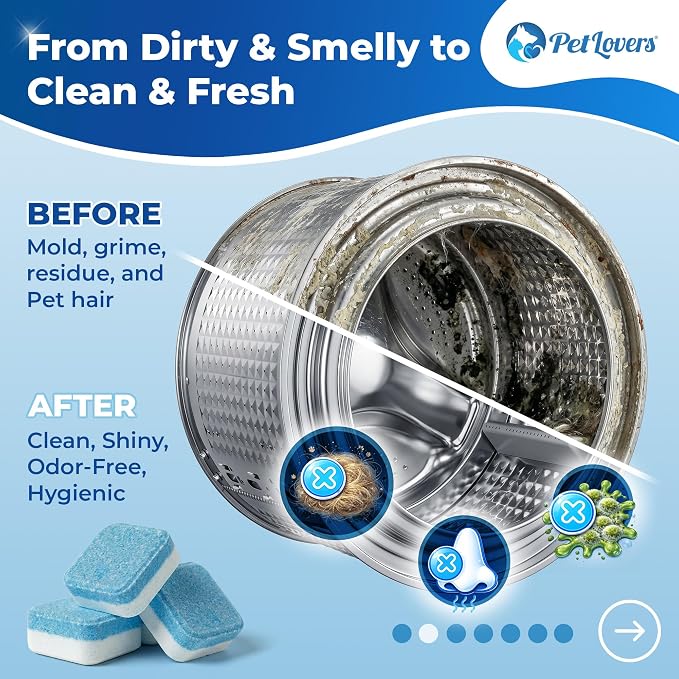 PetLovers Washing Machine Cleaner Tablets Unscented - Removes Pet Hair Buildup & Odors, Deep Cleans HE Front Load & Top Load Washers, 24 Pack (1 Year Supply)