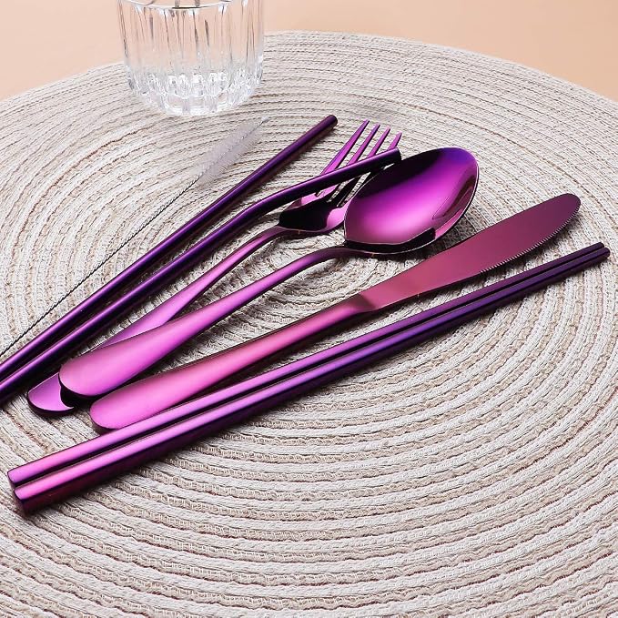 8-Piece Portable Stainless Steel Flatware Set, Travel Camping Cutlery Set with Purple Waterproof Case