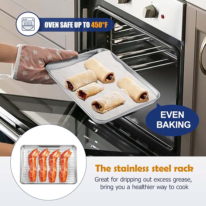 9” Baking Sheet Pan with Rack, Joyfair Stainless Steel Toaster Oven Tray | Bakeware Cookie Pan & Cooling Rack for kitchen bake Jelly Roll/Bacon/Meat, Commercial Metal & Rust-free, Dishwasher Safe
