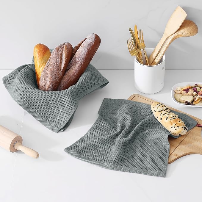Kitinjoy 100% Cotton Waffle 6-Pack Kitchen Towels, 12" x 12", Grey | Ultra Absorbent, Super Soft, lightweight, Quick Drying Dish Rags for Washing Dishes