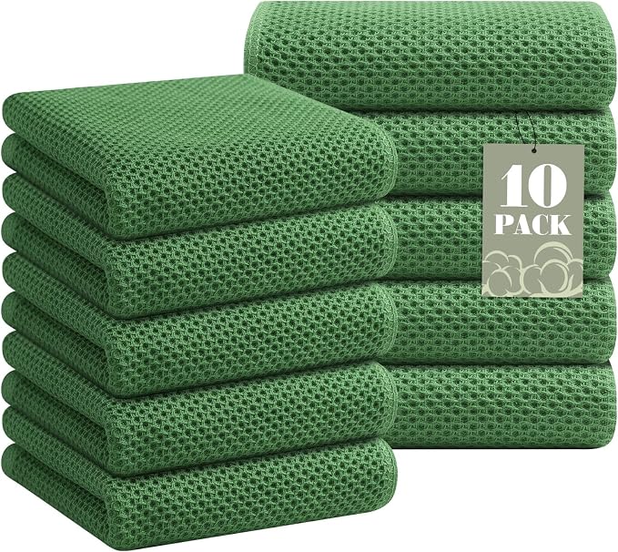 Homaxy 100% Cotton Waffle Weave Kitchen Towels, 10-Pack, Grass Green | Ultra Soft Absorbent Dish Towels, Quick Drying Cleaning Towels, 13 x 28 Inches