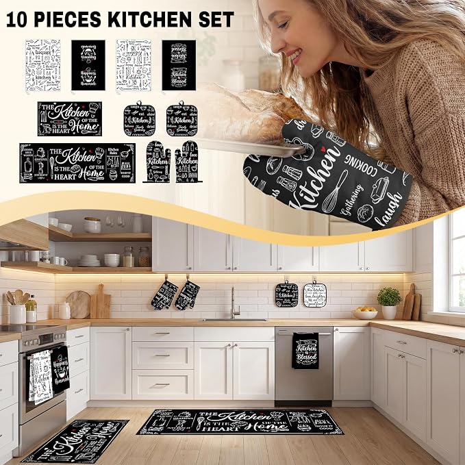 10 Pcs Kitchen Decor and Accessories Set, Modern Art | Farmhouse Chalkboard 4 Dish Towels Kitchen Rugs 2 Oven Mitts 2 Pot Holders, Home Decor for Cooking Baking BBQ Housewarming