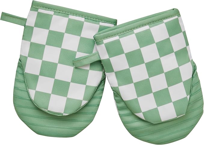 Ohocut Sage Green Checkered Mini Oven Mitts Heat Resistant, Vintage Retro Checkerboard Mini Silicone Oven Mitts Cute, Non-Slip Small Short Kitchen Oven Gloves Set of 2