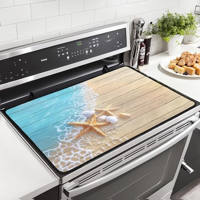 Beach Starfish Wood Electric Stove Insulation Pad Heat & Stain Resistant Dish Drying Mat for Kitchen 30x21 Inch Cooktop Stove Guard Protector with Anti-Slip Grip Extra Large Mat