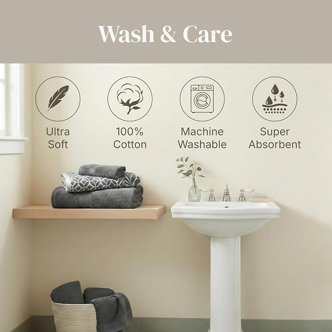 Modern Threads 6 Piece Bath Towel Set – Bathroom Set with 2 Bath Towels, 2 Hand Towels, and 2 Wash Cloths – 100% Cotton, Super Absorbent & Extra Soft – Reversible Botanical Vine (Gray)