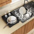White Dish Drying Rack Over Sink with Utensil Holder, Drainboard | Expandable Stainless Steel Dish Drainer for Small Kitchen, Apartment, RV, Counter Space Saving, Perfect Fit, Rustproof