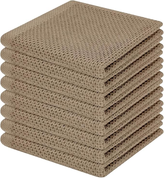 Homaxy 100% Cotton Waffle Weave Kitchen Dish Cloths 8-Pack, Tan | 12 x 12 Inches, Ultra Soft Absorbent Dish Towels, Quick Drying Dish Rags with Hanging Loop