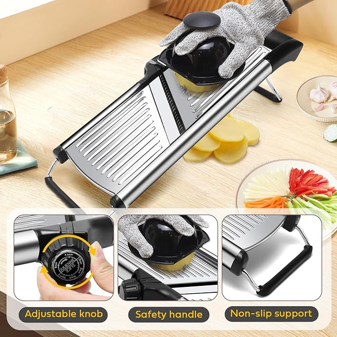 Mandoline Slicer for Kitchen, Stainless Steel adjustable Mandoline slicer | Non-Slip Mandolin with 4 Blades,Vegetable & Fruit Slicer for Potato,Tomato,onion,cucumber,with Cut-Resistant Gloves,Brush
