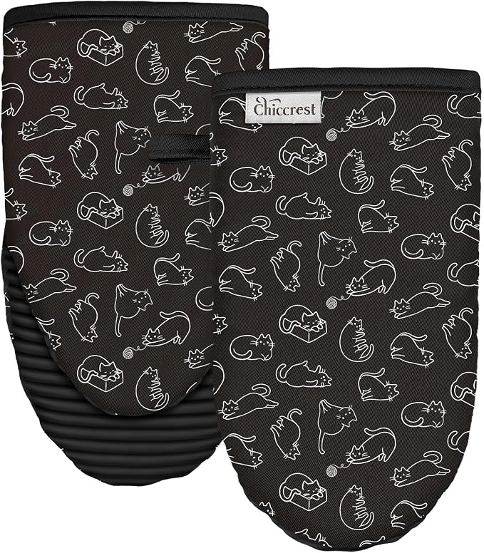 100% Thick Cotton Oven Mitts Ribbed Soft Silicone Cute Cats | Aesthetic Oven Mitts for Women, Machine Washable Non-Slip Kitchen Mitts, Reversible for Both Hands, Stylish Kitchen Decor