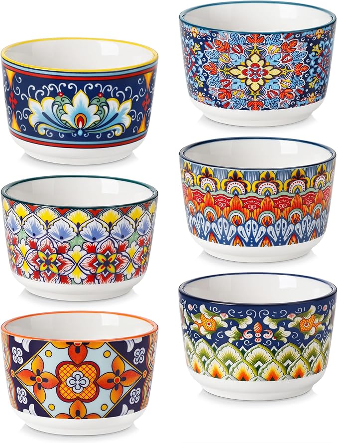 vancasso 6 Oz Ramekins Oven Safe Set of 6, Ceramic Baking Souffle Dishes | Bohemian Ramekins for Creme Brulee, Souffle, Custard, Pudding, Small Bowls for Dipping Sauce, Ice Cream