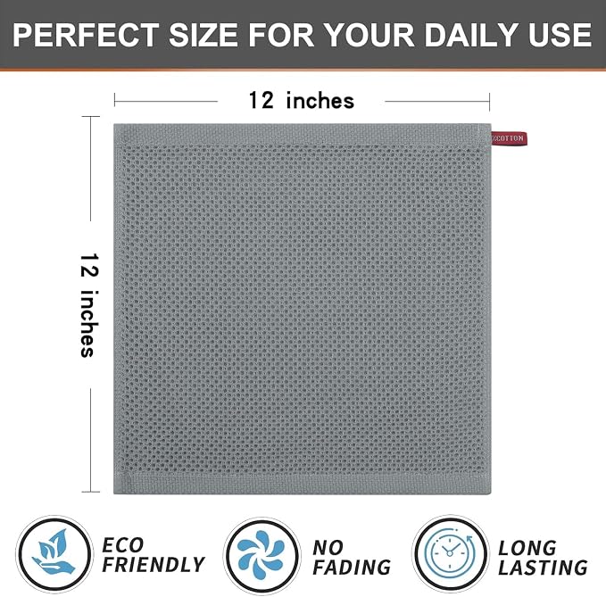 Kitinjoy 100% Cotton Waffle 6-Pack Kitchen Towels, 12" x 12", Grey | Ultra Absorbent, Super Soft, lightweight, Quick Drying Dish Rags for Washing Dishes