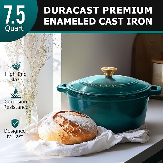 MUELLER HOME 7.5 QT Enameled Cast Iron Dutch Oven, Heavy-Duty Casserole Dish and Braiser Pan with Lid and Stainless Knob, Oven-Safe up to 500° F & Across All Cooktops, Emerald | Heavy-Duty Casserole Dish and Braiser Pan, Lid with Stainless Knob, Oven-S...