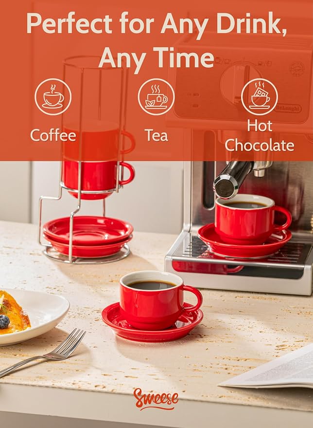 Sweese 8 Ounce Porcelain Stackable Cappuccino Cups with Saucers and Metal Stand - for Specialty Coffee Drinks, Cappuccino, Latte, Americano and Tea - Set of 4, Red