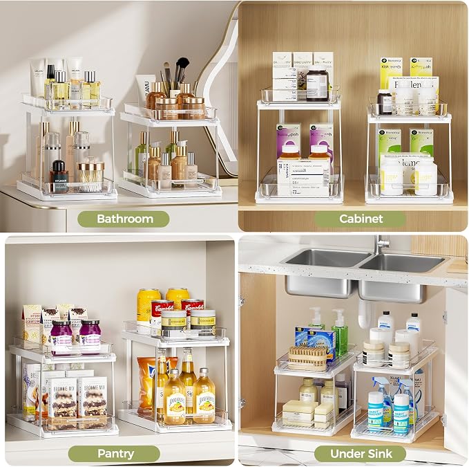 Delamu 2-Tier Bathroom Under Sink Organizers and Storage, Pull Out Cabinet Drawers with Anti-Slip Design, Multi-Purpose Storage for Kitchen, Pantry, Bathroom & Home Organization, White, 4 Pack