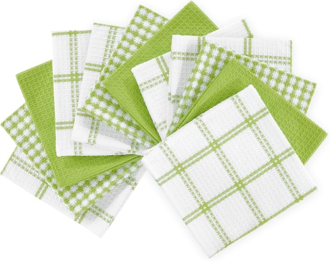 T-Fal Premium Waffle Dish Cloths: Highly Absorbent, Super Soft Long Lasting - 100% Cotton, 12"x13" Towel for Cleaning & Drying, (12-Pack), Green