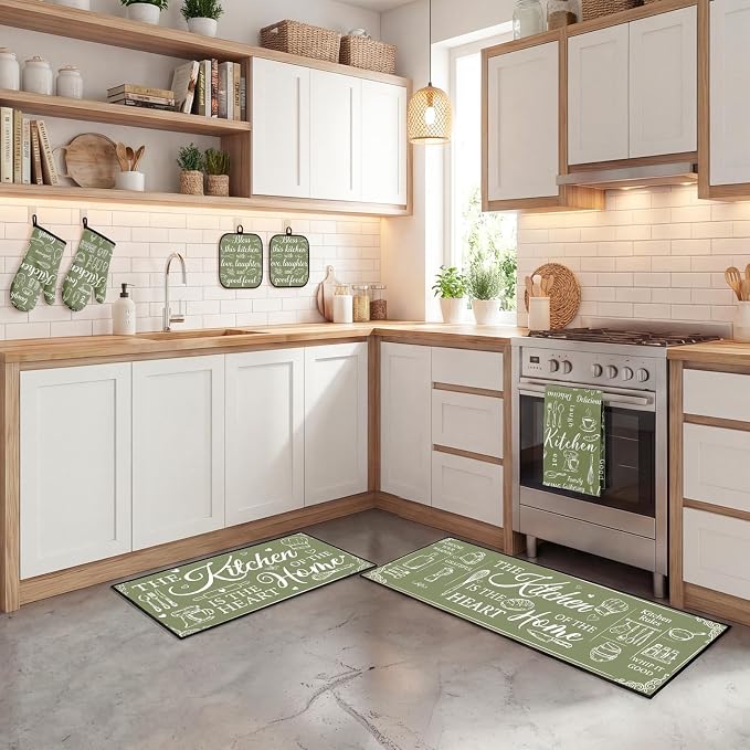 10 Pcs Kitchen Decor and Accessories Set, Farmhouse Sage | Green Baking Happiness 4 Dish Towels Kitchen Rugs 2 Oven Mitts 2 Pot Holders, Home Decor for Cooking Baking BBQ Housewarming