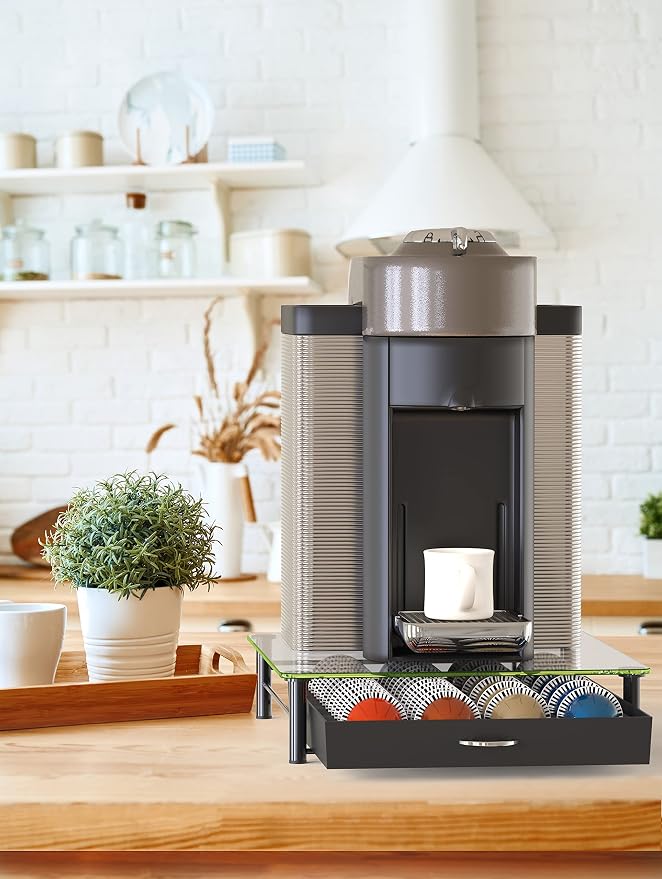 Deco Brothers Tempered Glass Vertuo Pod Holder, Fits 24 Large/48 Small Pods | Compatible with Nespresso Capsule, Black