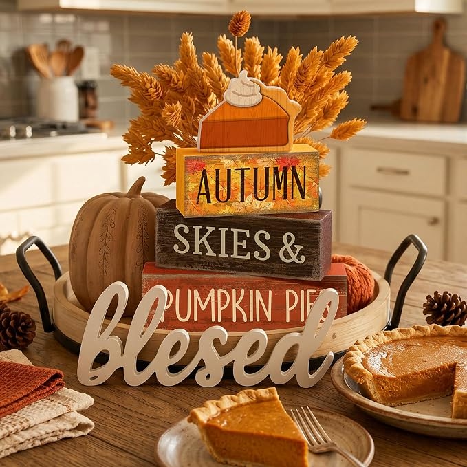 Lineshading 3 Pcs Fall Table Decor, Pumpkin Pie Wood Block Sign Home Tray | Pumpkin Pie Slice Wood Block Sign, Fall Harvest Tiered Tray Centerpiece, Rustic Autumn Home Decor, Kitchen Shelf Display