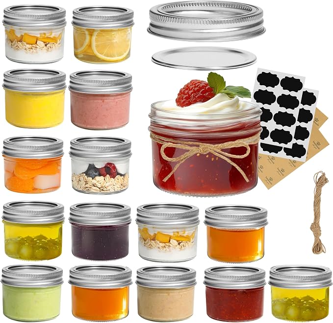 ComSaf 4 oz Mini Mason Jars Bulk Set, 16 Pack Glass Jars with Lids | BPA-Free Materials, Spice Rack, Small Jam, Honey Samples, Wedding Favors, DIY Candles, Labels and Twine