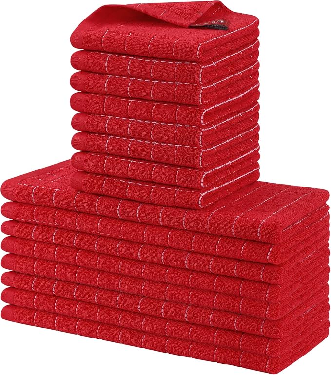 Homaxy Kitchen Towels and Dishcloths Set, Set of 16, Red | Bulk Cotton Terry Kitchen Towels, Checkered Designed, Soft and Super Absorbent Dish Towels, 12 x 12 and 13 x 28 Inches