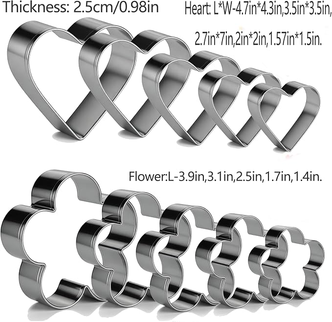 10PCS Heart Cookie Cutter & Flower Cookie Mold, Stainless Steel Kitchen Baking Supplies, Sandwich Cutters, 5 Sizes for Fondant Cake, Cookies, Biscuits & DIY Party Decor (Heart-Flower)