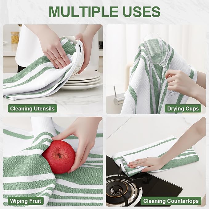Homaxy Premium Cotton Stripe Kitchen Towels 8 Pack, 18"x 28", Grass Green | Large 380 GSM Kitchen Hand Towels, Soft Terry Dish Towels, Highly Absorbent Tea Towel Set with Hanging Loop