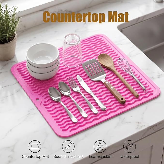 MicoYang Silicone Dish Drying Mat for Multiple Usage,Easy clean,Eco-friendly,Heat-resistant Silicone Mat for Kitchen Counter or Sink,Refrigerator or Drawer liner Rose M 12 inches x 12 inches
