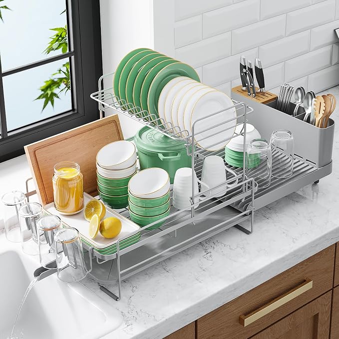 Kitsure Extendable Dish Drying Rack, 19.2"-26.7" L x 12.9" W, 2-Tier | Large Dish Rack, Multifunctional Dish Rack for Kitchen Counter, Anti-Rust Dish Drainers with Cutlery & Cup Holders,Grey