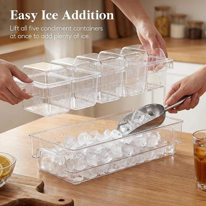 Lifewit Chilled Condiment Caddy with Stainless Steel Spoons & Tongs, 2 Pcs | Handle Design, BPA-free Condiment Server with 5 Removable Containers, Ice Garnish Tray for Taco, Mimosa & Dirty Soda Bar