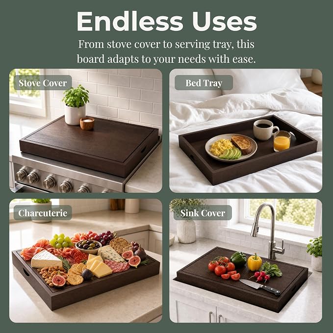 Wood Stove Top Cover for Gas Stove Top - Noodle Board Stovetop Cover for Gas Stove | Wooden Stove Cover Cutting Board with Handles | Butcher Block Stove Top Covers for Electric and Gas Burners