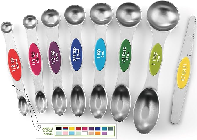 Spring Chef Magnetic Measuring Spoons Set of 8 for Kitchen, Multicolor | Stainless Steel Teaspoon & Tablespoon Measuring Spoons with Leveler for Dry & Liquid Ingredients, Dual Sided, Dishwasher Safe