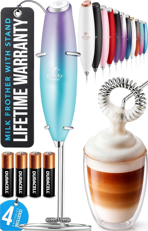 Zulay Kitchen Powerful Milk Frother Wand With Duracell Batteries - Ultra Fast Handheld Drink Mixer - Electric Whisk Foam Maker for Coffee, Lattes, Cappuccino & Matcha - Z1 Motor - Borealis