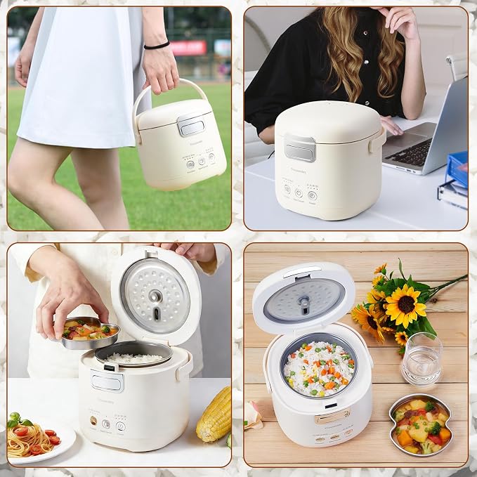 Small Rice Cooker 2 Cups Uncooked, Compact Mini Rice Cooker | for Dorm Travel Office 1-2 Person, 12 Hours Timer Delay & Keep Warm, Beige
