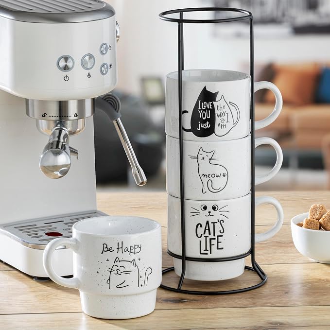 Signature Housewares Stackable Coffee Mug Tower Set with Metal Wire Rack - 15 Ounce Coffee Mugs for Coffee, Tea, Cocoa, Milk, Cappuccino, Hot Chocolate Set of 4 - Cat's Life