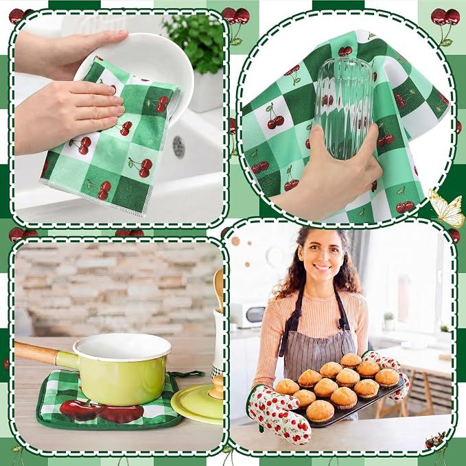 Fourluoo 10 Pcs Cherry Kitchen Decor and Accessories Set Cherry Kitchen Towels and Rugs Pot Holders Oven Mitts Set for Cooking Baking Mom Housewarming Gifts