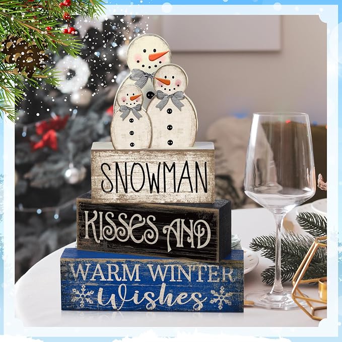 Lineshading 4 Pcs Wooden Snowman Tiered Tray Decor Winter Signs Home | Rustic Blocks with Snowman Family Topper, Warm Wishes Quote, Holiday Centerpiece for Christmas Tabletop Shelf Decorating
