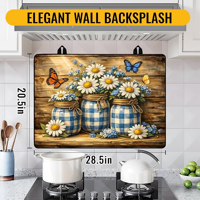 NYZE Stove Top Cover for Electric/Glass Stove, 28x20 Inch Stovetop Cover Flat Top Protector Dish Drying Mat for Kitchen (Blue Grid Daisy Jars)