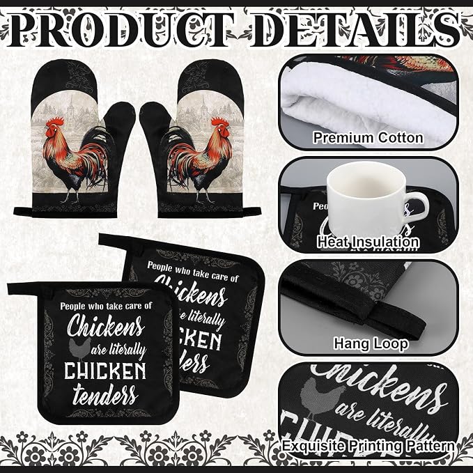 Bencailor 6 Pcs Rooster Chicken Kitchen Decor Rooster Kitchen Towels Chicken Pot Holders and Oven Mitts Sets 2 Farmhouse Gray Cooking Mittens for Cooking Grilling Supply Accessories