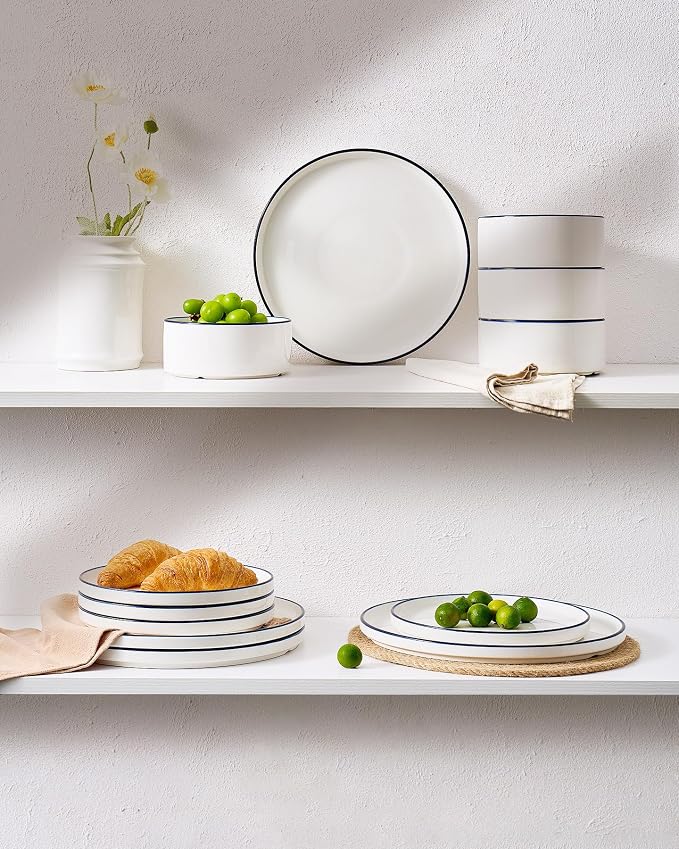 Famiware Porcelain 18-Piece Dinnerware Set, White with Blue Trim | Plates and Bowls for 6, Dishwasher & Microwave Safe, Chip & Scratch Resistant, Ideal for Everyday & Formal Use