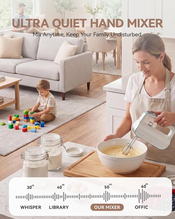 Hand Mixer Electric Handheld, 950W Peak Powerful, UL Certified for Safety | Compact Kitchen Mixer, Turbo for Baking, 6-Piece 304 Food-Grade Steel, 2 Dough Hooks + 2 Beaters + Whisk + Milk Frother