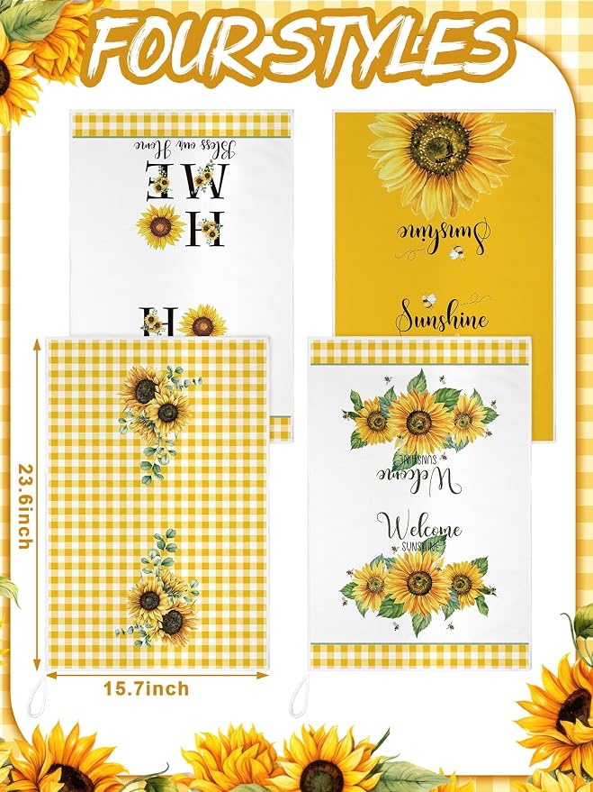 4 Pcs Sunflower Kitchen Towels Yellow and White Hand Dish Towels | Absorbent Sunshine Grid Fast Drying Decor Housewarming Gift for Cooking Bathroom Kitchen Decor
