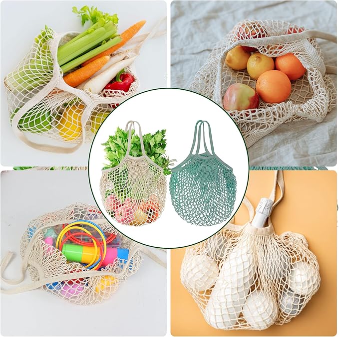 2-Pack Reusable Mesh Grocery Bags, 100% Cotton String, Long Handle Produce Bags, Fruit & Veggie Storage