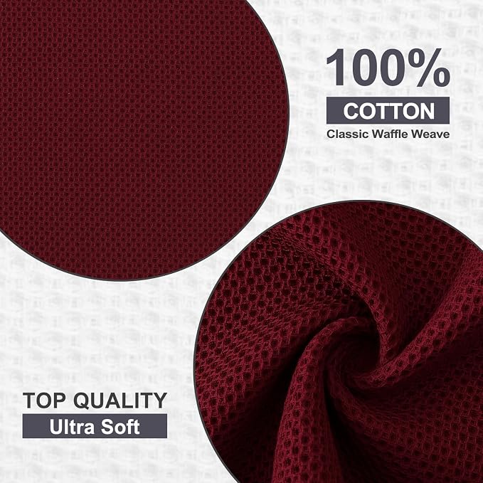 Kitinjoy 100% Cotton Waffle 6-Pack Kitchen Towels, 12" x 12", Burgundy | Ultra Absorbent, Super Soft, lightweight, Quick Drying Dish Rags for Washing Dishes