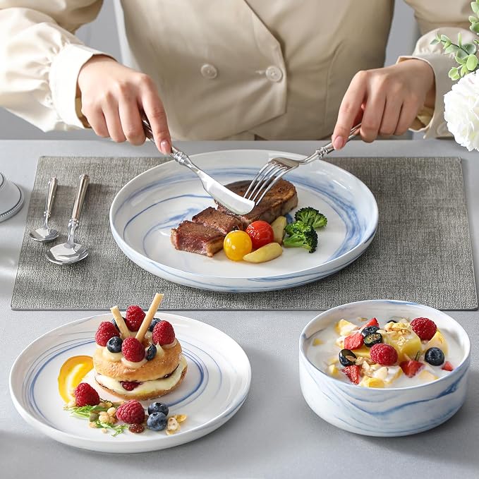 MALACASA 12 Pcs Porcelain Plates and Bowls Sets,Dinnerware Set for 4,Blue | Modern Ceramic Dishware Set,Kitchen Dining Ware,Microwave and Dishwasher Safe,Unique Marble Blue Design,Series LUNA