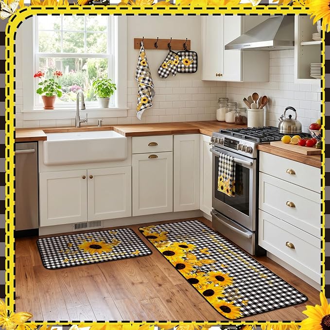 Fourluoo 10 Pcs Sunflower Kitchen Decor and Accessories Black and White Buffalo Plaid Kitchen Towels Rugs Oven Mitts and Pot Holders Set Sunflower Decorations Set for Cooking Baking Grilling Mom Gift