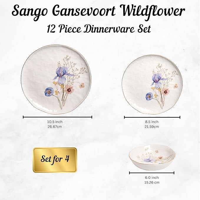 Sango 12-Piece Luxury Porcelain Dinnerware Set for 4- Glossy White Plates and Bowls Sets with Wildflower Patterns and Gold Rims, Ceramic Dish Set, Elegant Dishes for Everyday Dining, Gansevoort